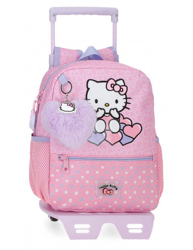 MOCHILA ADAP. 28CM. C/CARRO HELLO KITTY HEARTS  DOTS